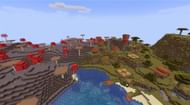 A mushroom biome adjacent to a savanna biome (Image via Minecraft)